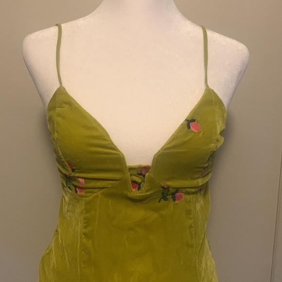 UO Green Floral Embroidered Velvet Mini Green Unlined Side Zipper Dress - Picture 5 of 10